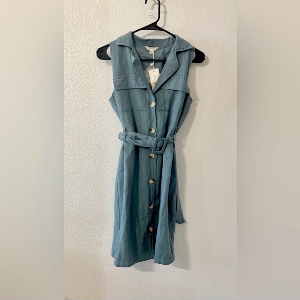 Sim & Sam - Anthropologie Sleeveless Belted Midi Shirt Dress | Dusty Blue | M - Picture 2 of 5